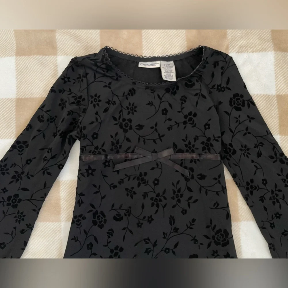 Vintage Cherokee S 6/6X Black Long Sleeve Flocked Dress